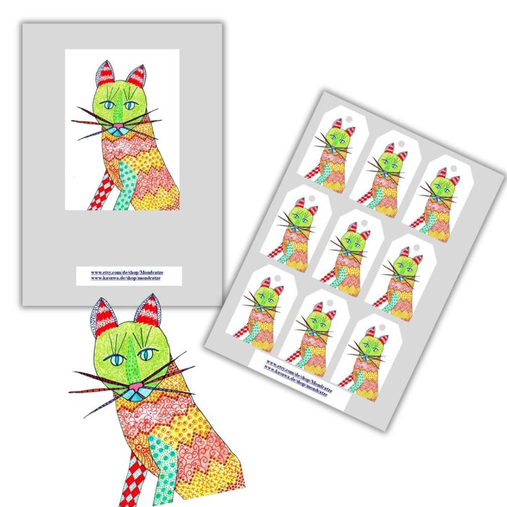 Postkarte, Poster, Illustration , bunte Katze, handgemalt, PDF Download Bild 5