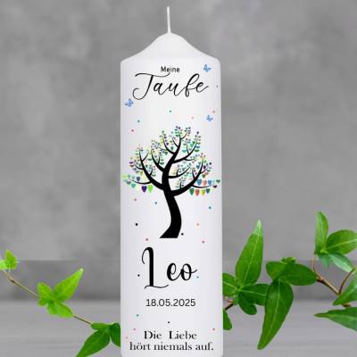 Taufkerze Lebensbaum bunt personalisiert 25x8cm|Name,Datum,Taufspruch|Kerze mit Schmetterlingen Taufe