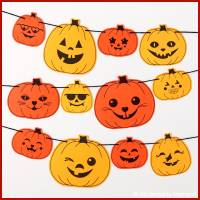 Halloween Girlande Basteln mit fröhlichen Kürbisgesichter Vorlagen zum Ausdrucken