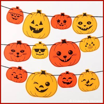Halloween Girlande Basteln mit fröhlichen Kürbisgesichter Vorlagen zum Ausdrucken