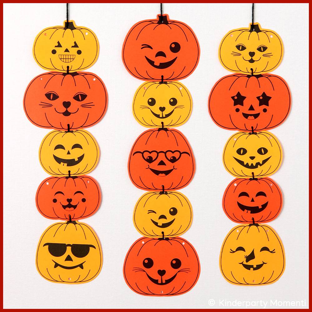 Halloween Girlande Basteln mit fröhlichen Kürbisgesichter Vorlagen zum Ausdrucken Bild 2