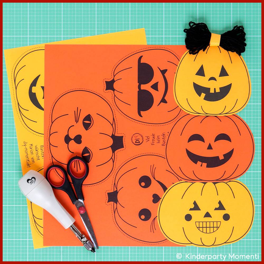 Halloween Girlande Basteln mit fröhlichen Kürbisgesichter Vorlagen zum Ausdrucken Bild 3