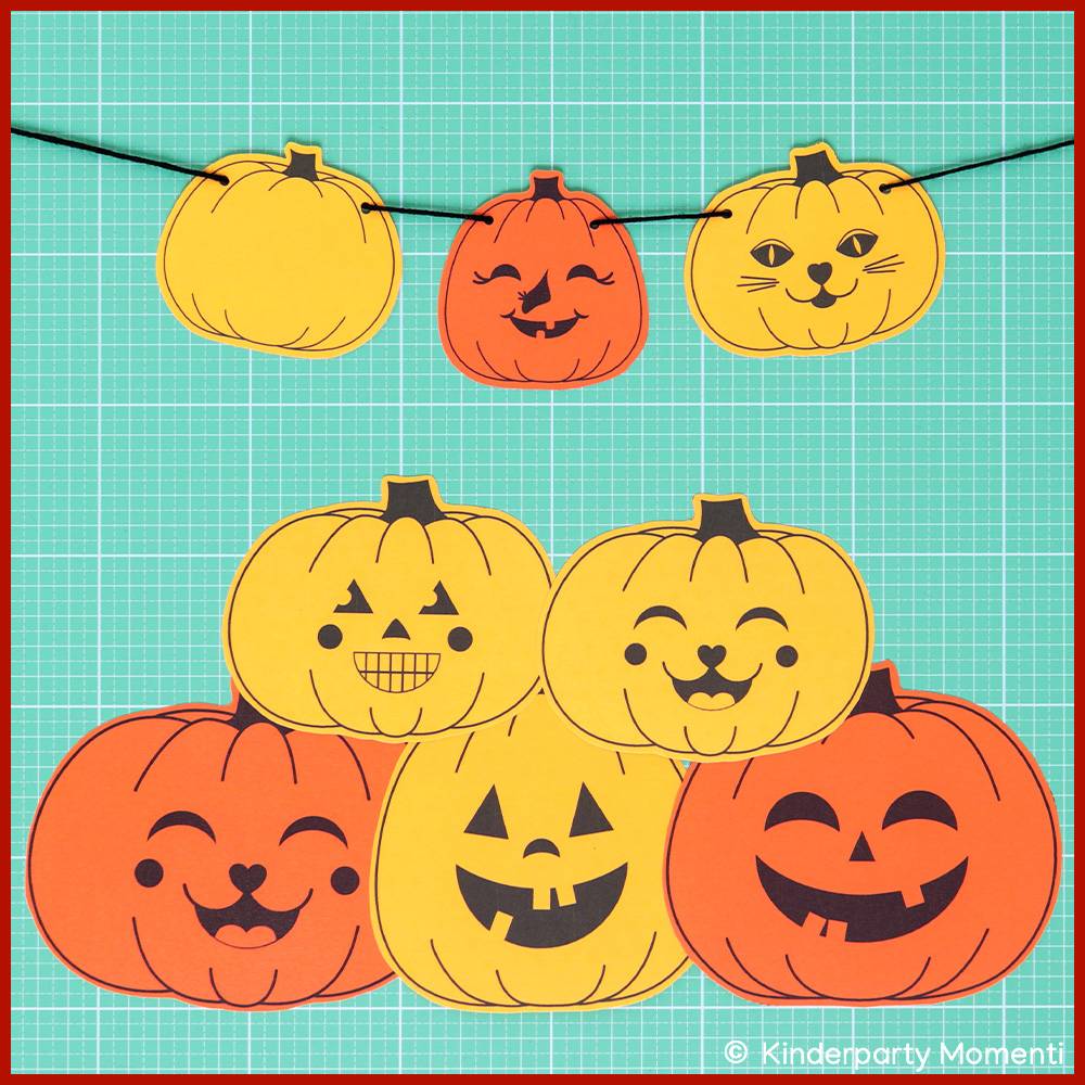 Halloween Girlande Basteln mit fröhlichen Kürbisgesichter Vorlagen zum Ausdrucken Bild 5