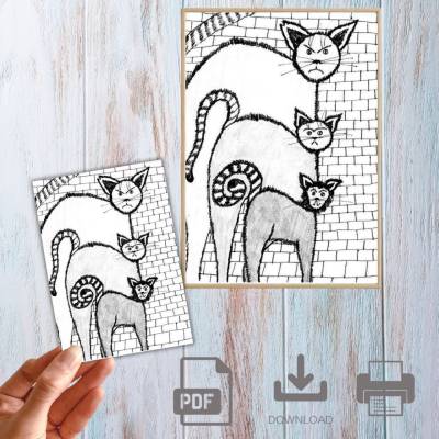 Postkarte, Poster, Illustration , Straßenkater Bande, handgemalt, PDF Download
