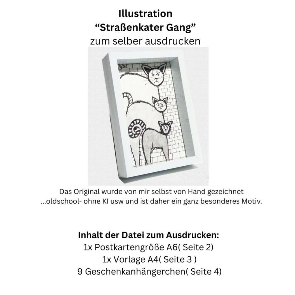 Postkarte, Poster, Illustration , Straßenkater Bande, handgemalt, PDF Download Bild 4