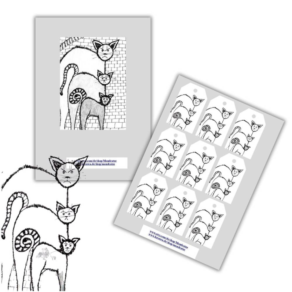 Postkarte, Poster, Illustration , Straßenkater Bande, handgemalt, PDF Download Bild 5