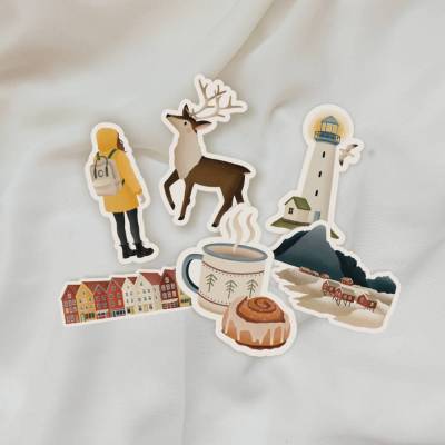 Vinyl Sticker Set Norwegen - 6 Aufkleber - Bergen Norwegen Fjorde rote Häuser Aufkleber - Skandinavien wasserfest
