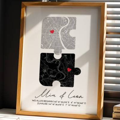 Personalisierte Puzzle-Kunst mit Stadtkarte & Koordinaten – Romantisches Geschenk für Paare