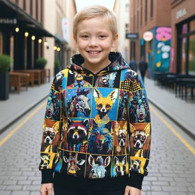 Kinder Kapuzenpullover Popart – Unisex Hoodie mit Zebra, Waschbär & Fuchs | Sweatshirt mit Kapuze & coolem Design