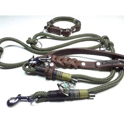 Hundehalsband verstellbar | 3fach verstellbare Hundeleine 2m mit Lederhandschlaufe aus braunem Fettleder