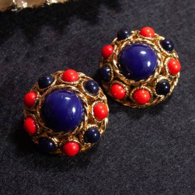 Vintage Ohrclips 50er 60er Jahre goldfarben rot blau Glas Western Germany Ohrringe