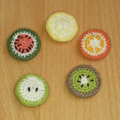 Häkelanleitung Kühlschrankmagnete "Früchte": Zitrone, Orange, Kiwi, Melone, Apfel, pdf-Datei