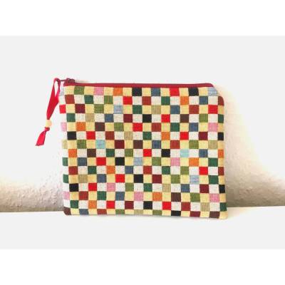 Flaches Schminktäschchen Kosmetiktasche 19x15 cm Gobelin Jacquard Karos