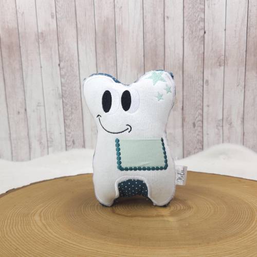 Zahnfeekissen Zahn mit Tasche Petrol punkte | 18cm x 13cm | Zahnfee Kissen | Wackelzahn | Geschenkidee für Kinder | Zahn