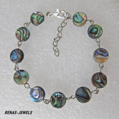 Perlmutt Armband Abalone Paua ( RESERVIERT )Regenbogenfarbenes Muschelarmband rund, 20 cm plus 3 cm
