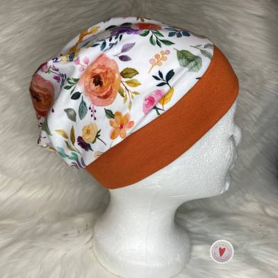 Beanie Mütze * bunte Blumen / Orange