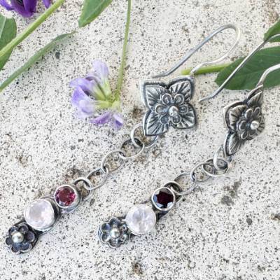 Rhodolith Granat, Rosenquarz, Blumen Ohrringe set 925 silber, 925 Silber Ohrringe Lang