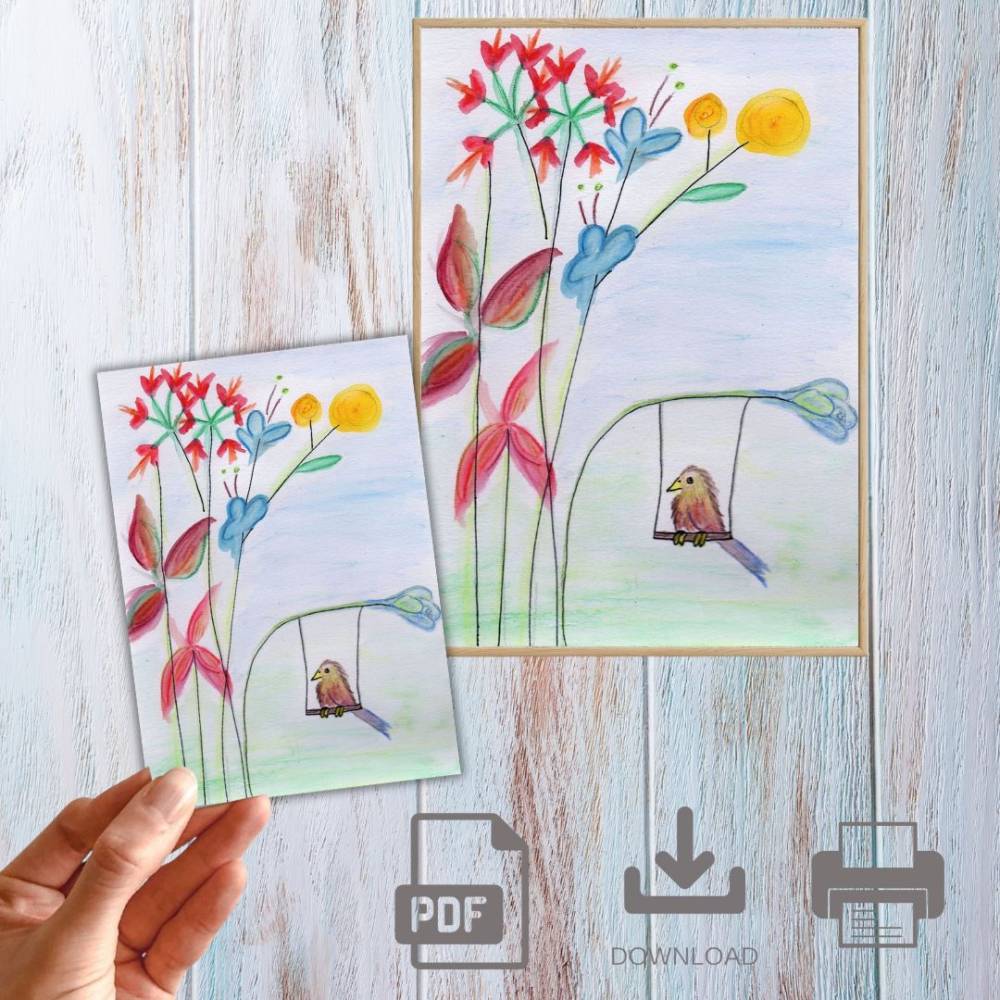 Postkarte, Poster, Illustration ,Vogel auf der Blumen Schaukel, handgemalt, PDF Download Bild 1