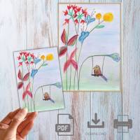 Postkarte, Poster, Illustration ,Vogel auf der Blumen Schaukel, handgemalt, PDF Download