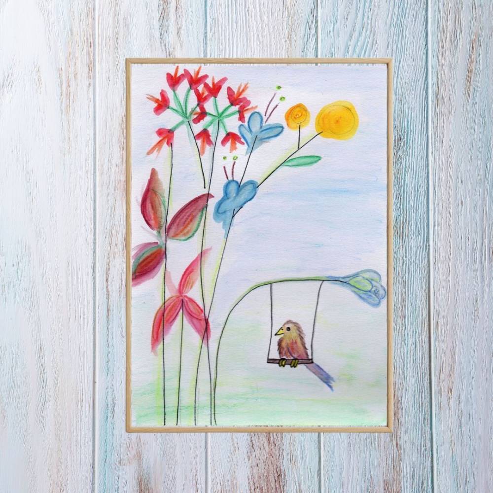 Postkarte, Poster, Illustration ,Vogel auf der Blumen Schaukel, handgemalt, PDF Download Bild 2