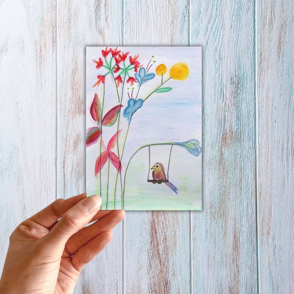 Postkarte, Poster, Illustration ,Vogel auf der Blumen Schaukel, handgemalt, PDF Download Bild 3