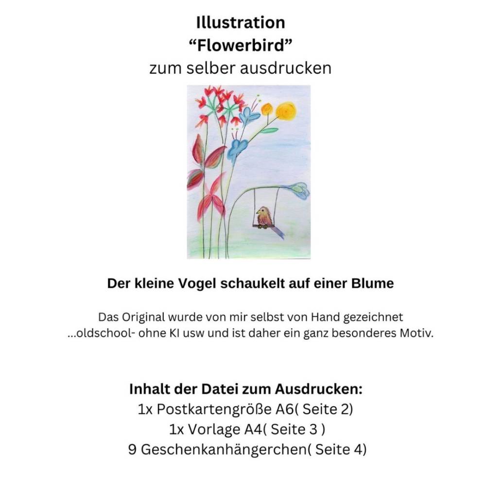 Postkarte, Poster, Illustration ,Vogel auf der Blumen Schaukel, handgemalt, PDF Download Bild 4
