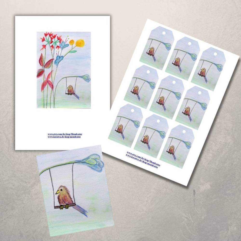 Postkarte, Poster, Illustration ,Vogel auf der Blumen Schaukel, handgemalt, PDF Download Bild 5