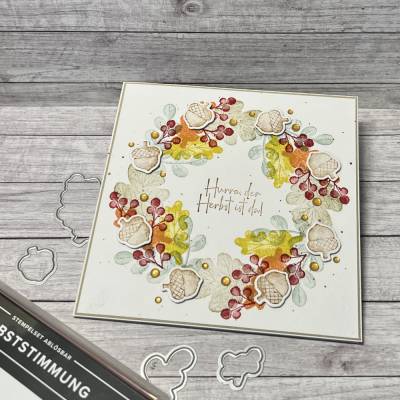 Glückwunschkarten „Hurra der Herbst ist da“ Geburtstagskarte Grußkarte Herbstkranz Blätter Eicheln Handmade Stampin‘ Up!