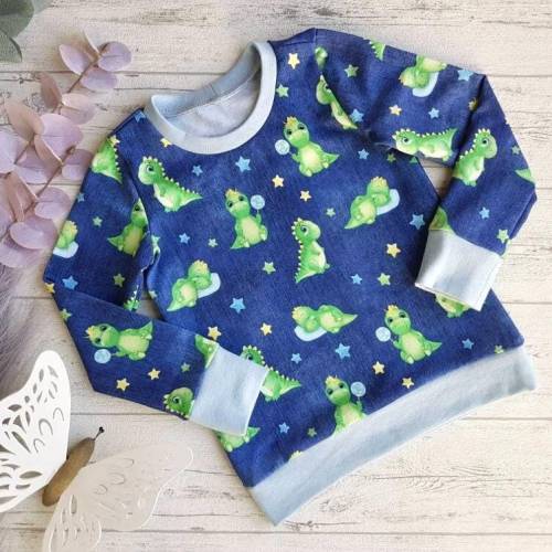 Dinosaurier Sweatshirt in Blau Denim – Kuschelpullover mit Dinomotiv, Wunschgröße 68 - 134