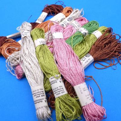 Set, 10 x Stickseide, Stickgarn, alwo, Elga, glänzend, rosa, grün, grau, braun, Rarität, DDR Sammler