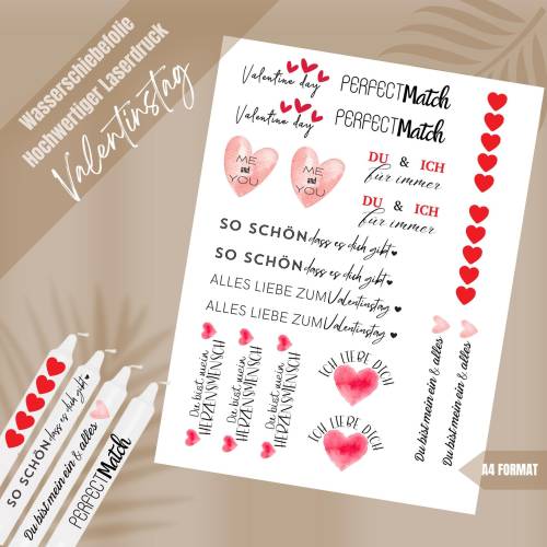 Wasserschiebefolie VALENTINSTAG | Kerzentattoos DIN A4 | Tattoo Folie für Kerzen DIY | Kerzen selbst gestalten & dekorie