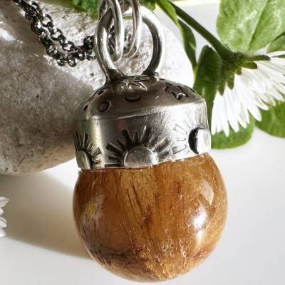 Goldener Rutilquarz, Silber Pendel Halskette, Sonnenanhänger Silber, Anhänger Sonne, Mond, Sterne, Kugel Charm, Gold