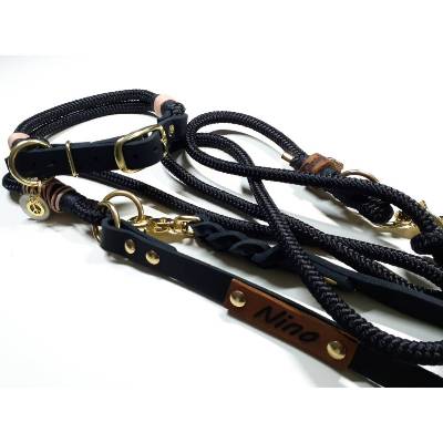 Verstellbares Hundehalsband aus schwarzem Tau und Leder | 3fach verstellbare Hundeleine 2m mit Fettlederhandschlaufe 