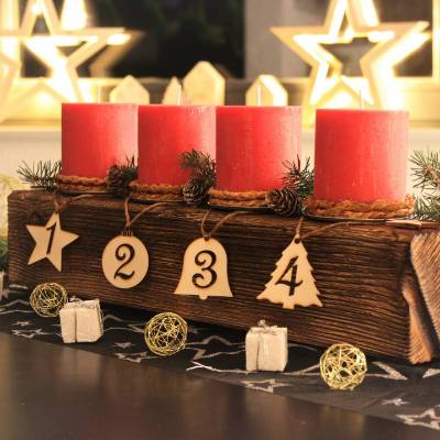 Adventsbalken aus Holz mit roten Kerzen / Adventskranz / Adventsgesteck / Adventsdeko / Adventsschmuck / Weihnachtsdeko