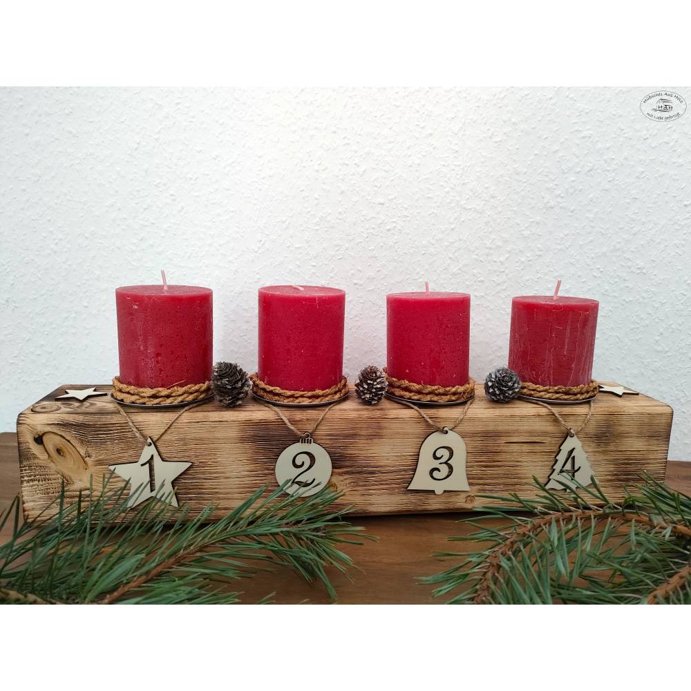 Adventsbalken aus Holz mit roten Kerzen / Adventskranz / Adventsgesteck / Adventsdeko / Adventsschmuck / Weihnachtsdeko