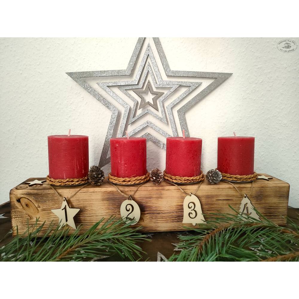 Adventsbalken aus Holz mit roten Kerzen / Adventskranz / Adventsgesteck / Adventsdeko / Adventsschmuck / Weihnachtsdeko