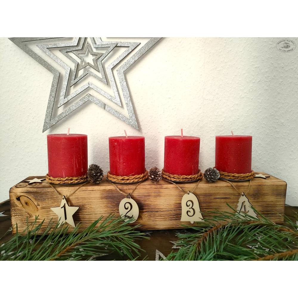 Adventsbalken aus Holz mit roten Kerzen / Adventskranz / Adventsgesteck / Adventsdeko / Adventsschmuck / Weihnachtsdeko