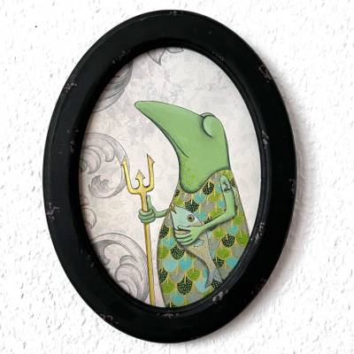 Neptun, der Frosch der Meere, Original, Frosch Bild, Meeresgott, witziges Bild, Fische Bild, Unikat, Malerei, gerahmt