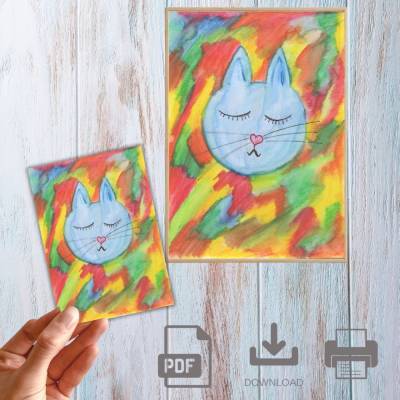 Postkarte, Poster, Illustration ,bunte  müde Katze, handgemalt, PDF Download