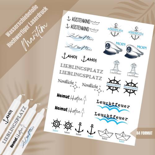 Wasserschiebefolie MARITIM | Kerzentattoos DIN A4 | Tattoo Folie für Kerzen DIY | Kerzen selbst gestalten & dekorieren