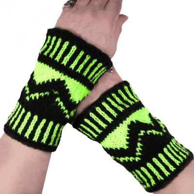Handgestrickte Armstulpen Crazy Green unisex – Pulswärmer in Neon-Grün & Schwarz