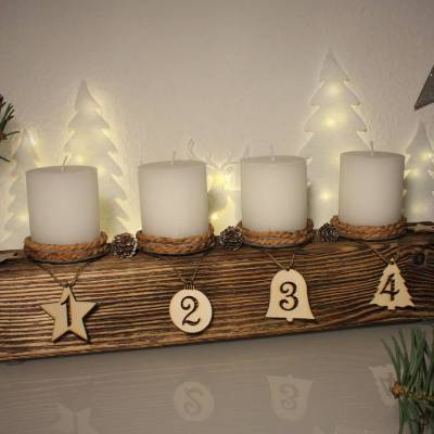 Adventsbalken aus Holz mit weißen Kerzen / Adventsgesteck / Adventsdeko