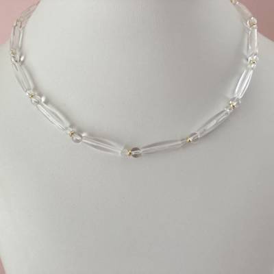Handgefertigte Kette aus klarem Bergkristall, 45 cm, vergoldeter Si925 Verschluss – Geschenkidee für Frauen