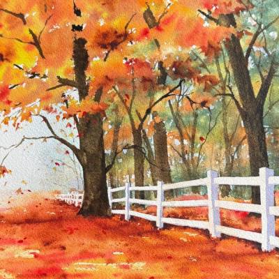 Original Aquarell "Herbstzaun am Waldrand" | 23 × 31 cm