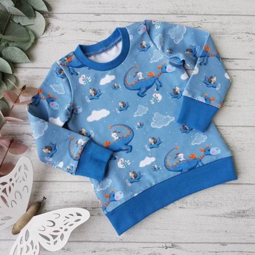 Blaues Sweatshirt mit fliegendem Drachen – Drachenshirt für Babys & Kinder, Wunschgröße 68 bis 158