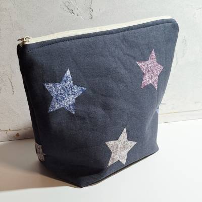 Kulturbeutel grau mit Sternen – Nachhaltige Baumwolltasche für Kosmetik & Reisen
