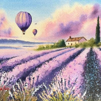 Original Aquarell "Ballonfahrt im Duft des Sommers" | 23 × 31 cm