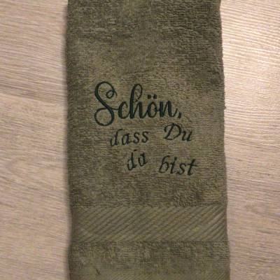 Bestickte Gästehandtücher personalisiert Unikate - Schön, dass du… - salbeigrün mit grüner Schrift