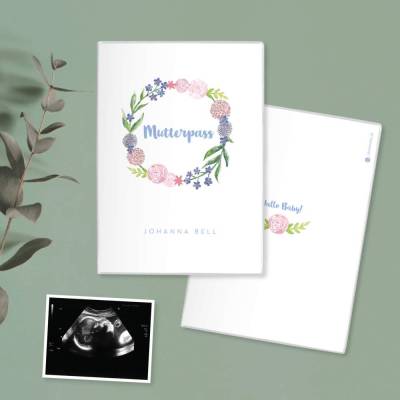 Mutterpasshülle personalisiert mit Namen – Schutzhülle für Mutterpass »Blumen Aquarell« – Geschenk zur Schwangerschaft
