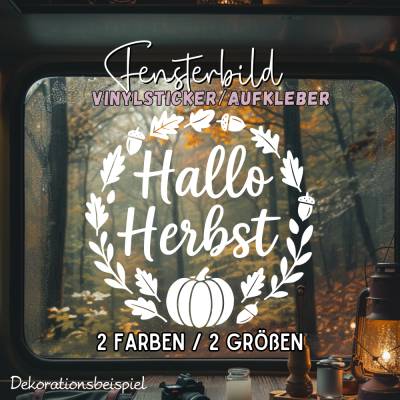 Hallo Herbst Kürbis Blätterkranz saisonaler Aufkleber herbstliches Fensterbild Sticker exklusiv